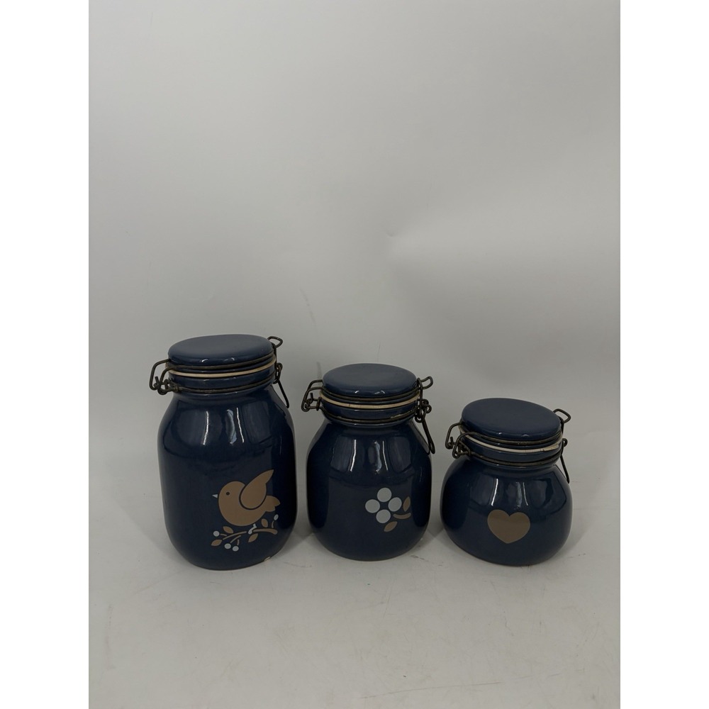 Vintage Stoneware Canister Set 3 Navy Blue Folk Art Bird Heart Clamp Lid